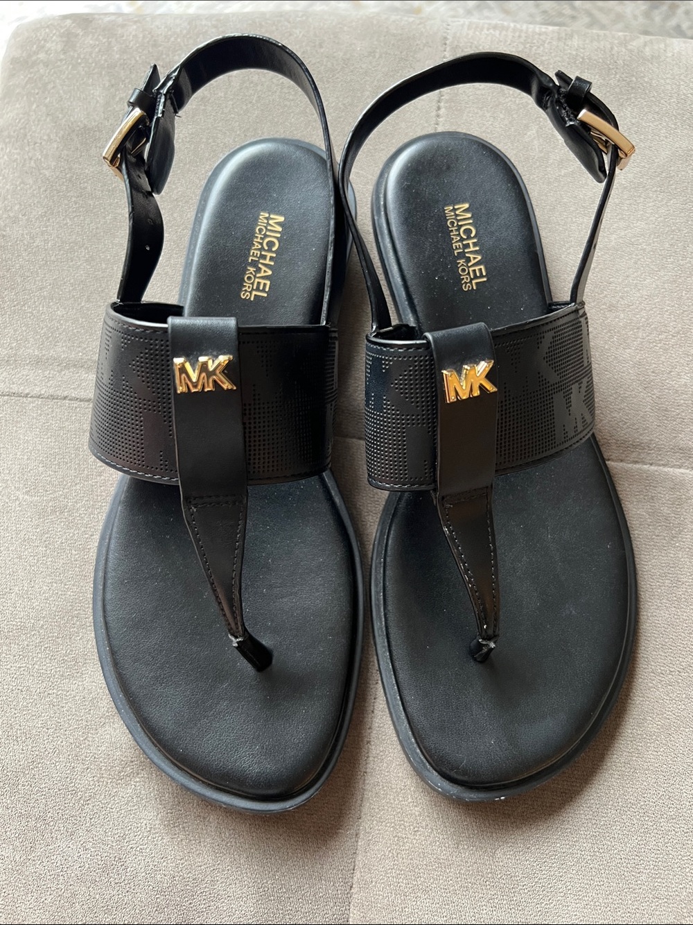 Michael Kors Black Sandal Thong with Gold MK Accent